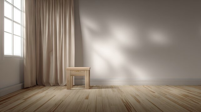 Empty room with wooden stool and beige curtains. - Powered by Adobe