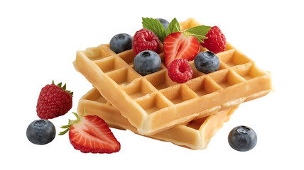 Golden waffles topped with fresh strawberries, raspberries, and blueberries, a delightful breakfast treat.