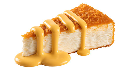 Delicious slice of creamy cheesecake drizzled with rich caramel sauce, a sweet indulgence.