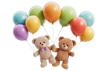 Colorful balloons and teddy bears float gently, creating a cheerful and playful celebratory atmosphere.