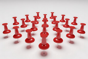 Numerous red pushpins arranged in a curved formation on a bright, plain surface.