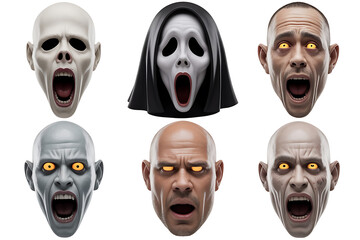 Eerie, stylized masks depict expressions of horror, fear, and unsettling, supernatural distress.