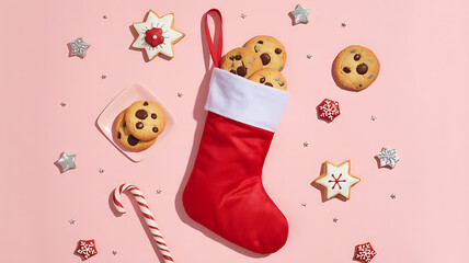 Festive Christmas stocking overflows with chocolate chip cookies, stars, and holiday decorations.