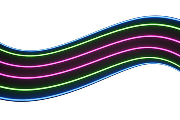 Vibrant neon lines in blue, green, and pink create a flowing, abstract, wavy design.