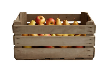 Wooden crate overflows with a colorful assortment of ripe apples and juicy pears.