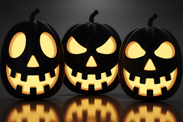 Three grinning jack-o'-lanterns glow warmly against a dark, spooky Halloween backdrop.