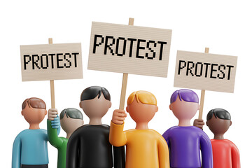 Group of figures holding signs displaying "protest," demonstrating solidarity and voicing collective dissent.