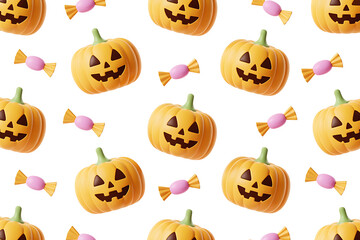 Orange pumpkins with carved faces and pink candies create a festive Halloween pattern.