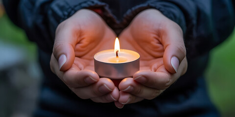 Gentle hands cradle a flickering candle flame, symbolizing hope, warmth, and quiet resilience.