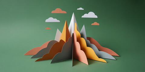 Stylized paper mountain range with layered peaks and clouds, evoking a sense of adventure.