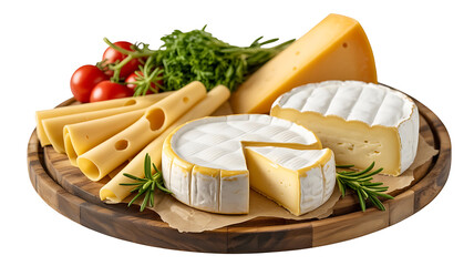 Assorted cheeses, tomatoes, and fresh herbs arranged on a rustic wooden board.