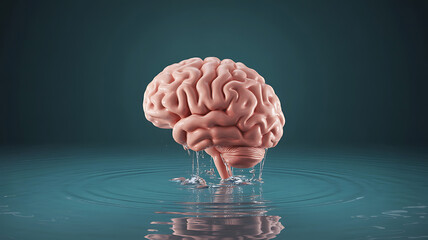 Detailed human brain floats above water, reflecting intelligence, thought, and cognitive processes.