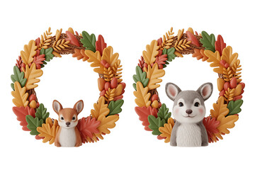 Autumnal wreaths with charming animal figures, showcasing nature's beauty and cozy seasonal decor.