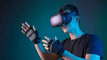 Person immersed in virtual reality, utilizing headset and controllers, exploring digital worlds.