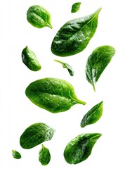 Fresh spinach leaves, vibrant green, falling in mid-air