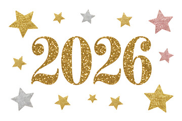 Sparkling gold numbers "2026" surrounded by glittering stars, celebrating a future year.