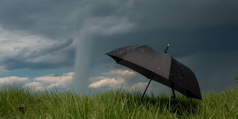A swirling vortex dominates a stormy sky above lush green grass, with an open umbrella.