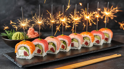 Sushi rolls with sparkling fireworks, celebratory and festive, delicious food presentation.