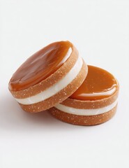 Two caramel-topped cookies layered with creamy filling, stacked on white background