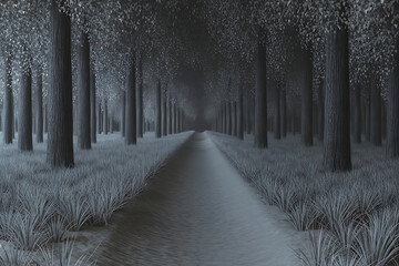 A long, shadowy path winds through a dense, dark forest with muted, ethereal light.