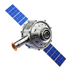 Fototapeta premium Silver Satellite with Blue Solar Panels on Transparent Background, 3D Realism Space Asset