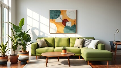 A modern living space with a green sofa, potted plants, and abstract wall art for a cozy vibe.