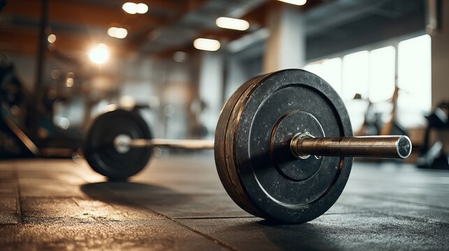 Heavy barbell weights ready for intense strength training session in a modern gym setting