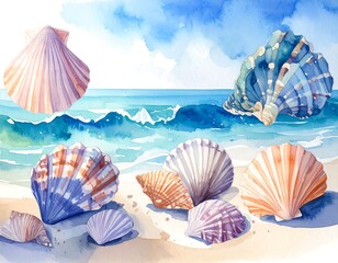 Watercolor seashell beach scene