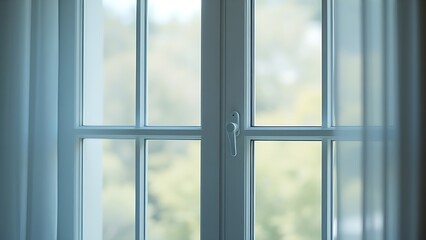 A closed window in a simple room with natural ambient light filtering through.