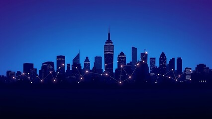 Abstract city silhouette with glowing connection points, blending blue and purple tones for a futuristic vibe.