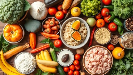 Assortment of nutritious foods on wooden table, showcasing a balanced diet.