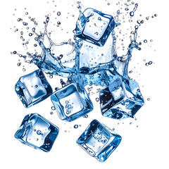 Transparent ice cubes and water splash against a black backdrop, suggesting refreshment