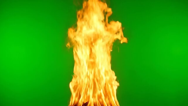 Majestic slow motion pillar of fire rising dramatically on a vivid green screen slow motion, red, intensity