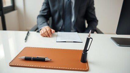 A modern office desk with a professional working in soft light.