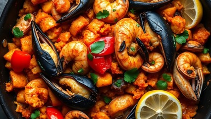 Spanish seafood pailla, close-up view showing vibrant ingredients.