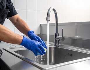 A person wearing blue gloves washes a sponge under running water at a stainless steel kitchen sink.