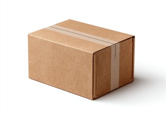 A light beige cardboard box sits on a white background.  A light beige/tan strip of tape runs horizontally across the center of the box.  The box has a simple, rectangular shape