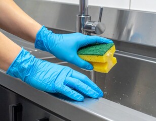 A person wearing blue gloves cleans a kitchen sink with a yellow and green sponge.
