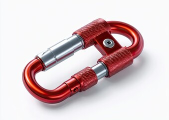 Red metal carabiner,  locking mechanism