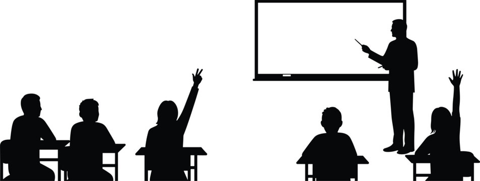 Classroom silhouette illustration, teacher pointing at whiteboard, students raising hands, education concept, school learning, academic study, teaching interaction, knowledge sharing