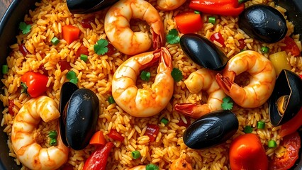 Spanish seafood paella with shrimp, mussels, and peppers on a plate.
