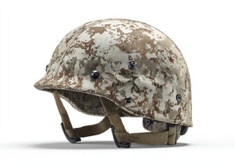 Camouflaged military helmet, profile view.  Light beige and tan camouflage pattern.  Adjustable chin strap.  Isolated on white background