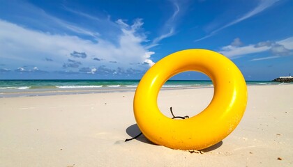 Bright yellow life ring on a pristine beach