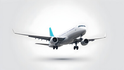 Obraz premium Commercial Passenger Airplane Flying in Bright Sky with White Cloud Background
