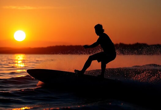 Wakeboarder silhouette against sunset, water spray visible, wakeboard silhouette, board