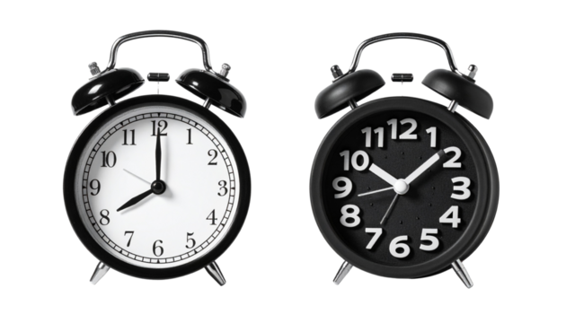 Two black alarm clock variations with white faces and bold black numbers, isolated on transparent background
