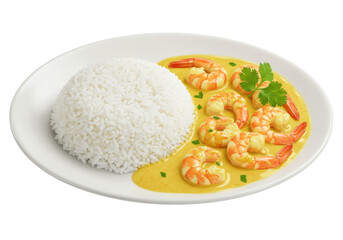 Isolated shrimp curry with rice on plate, a creamy golden Thai dish ready to be eaten