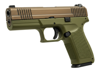 Isolated semiautomatic olive-drab pistol angled right for self-defense or sport shooting