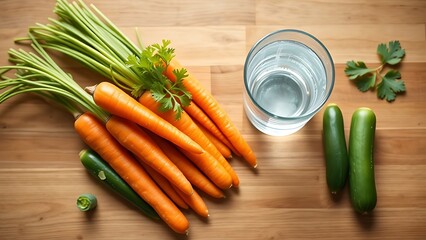 Fresh vegetables and a glass of water arranged on a wooden surface.
