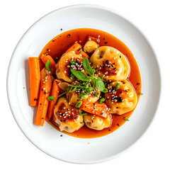 Overhead shot of dumplings in sauce with carrots, garnished, served on a white plate